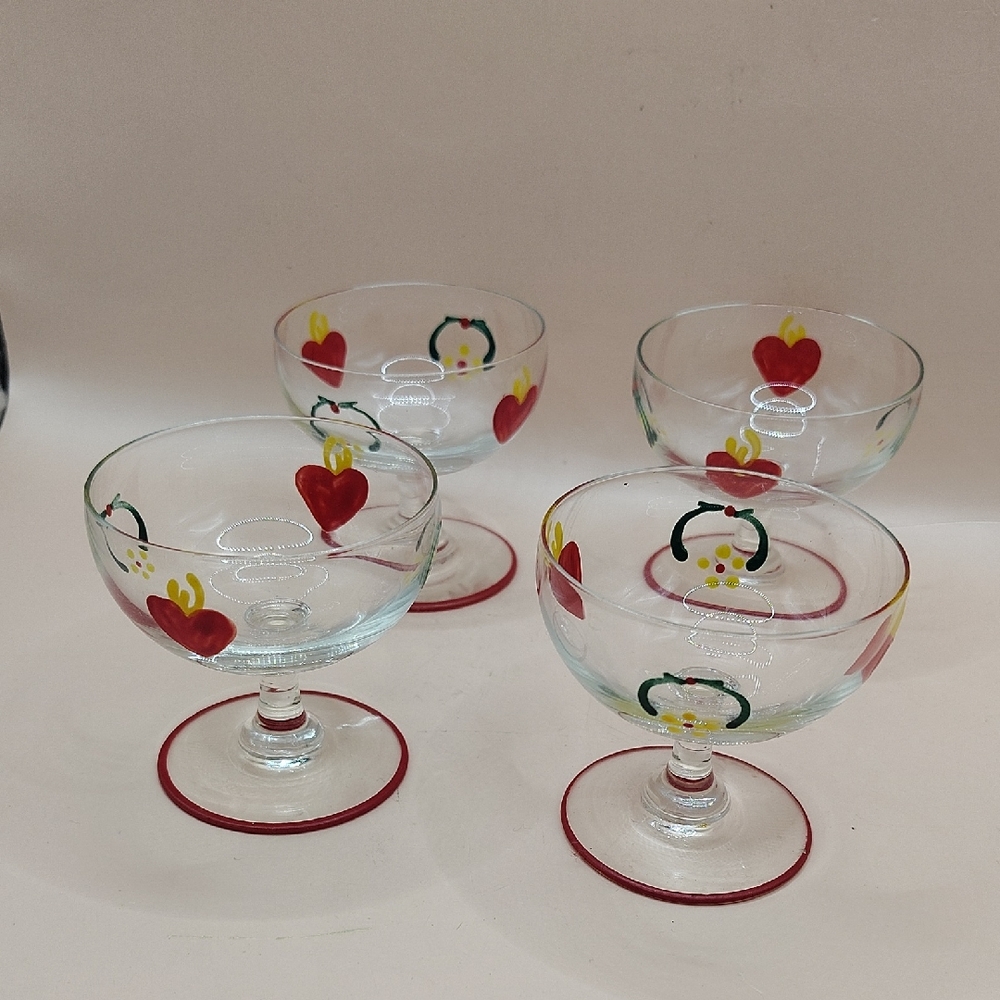 Vintage Jacob E. Bang Set of 4 Glass Dessert Cups with Heart And Wreath Design